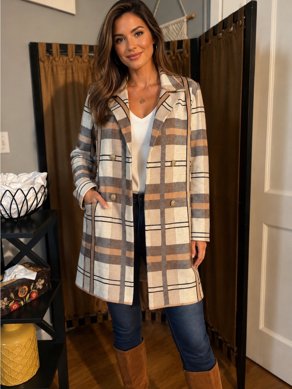 Anne Klein Neutral Plaid Double-Breasted Knit Coatigan